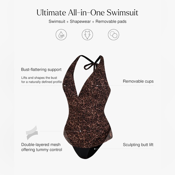 Popilush Leopard Print V Neck Halter Tummy Control One Piece Swimsuit Size Small - Picture 4 of 10